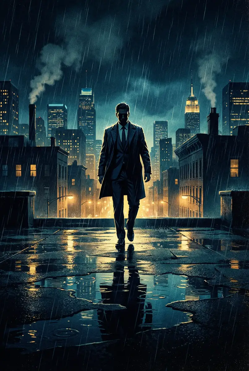 色吧中文网 出品影片《雨夜独行者》海报，雨中城市屋顶男性剪影